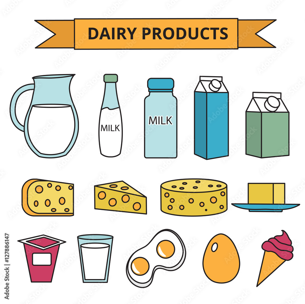 Dairy products icon set. Modern, line, outline style. Milk products ...