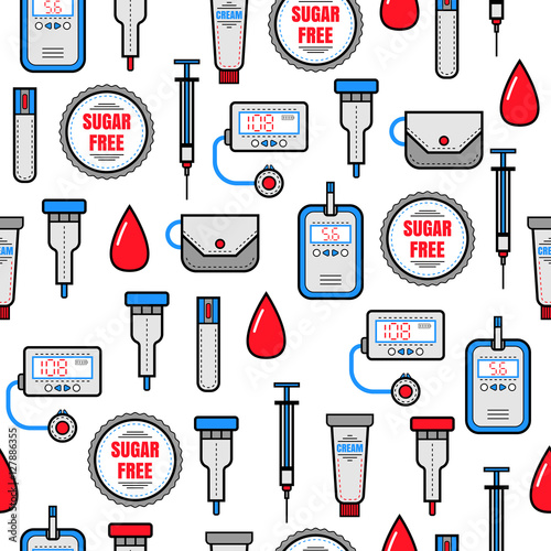 Seamless pattern of medical flat objects. Diabetes. Vector