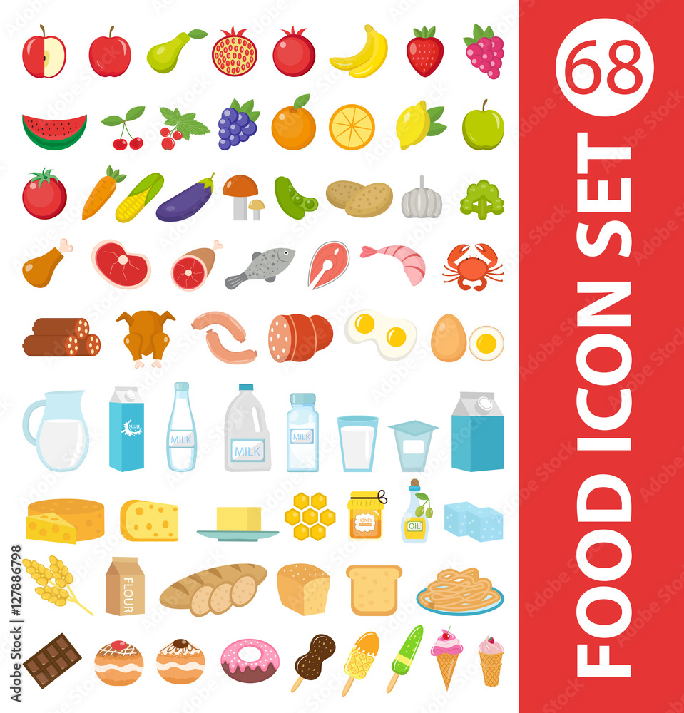 Fototapeta Big set icons food, flat style. Fruits, vegetables, meat, fish, bread, milk, sweets. Food icons isolated on white background Ingredients collection Vector illustration