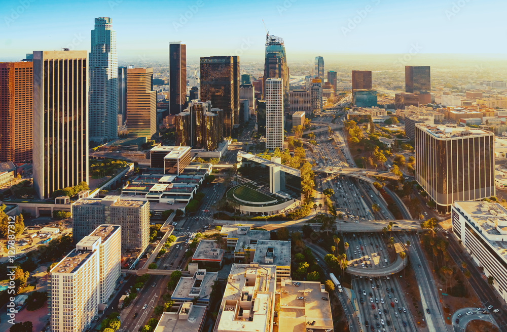 Fototapeta premium Aerial view of a Downtown LA at sunset