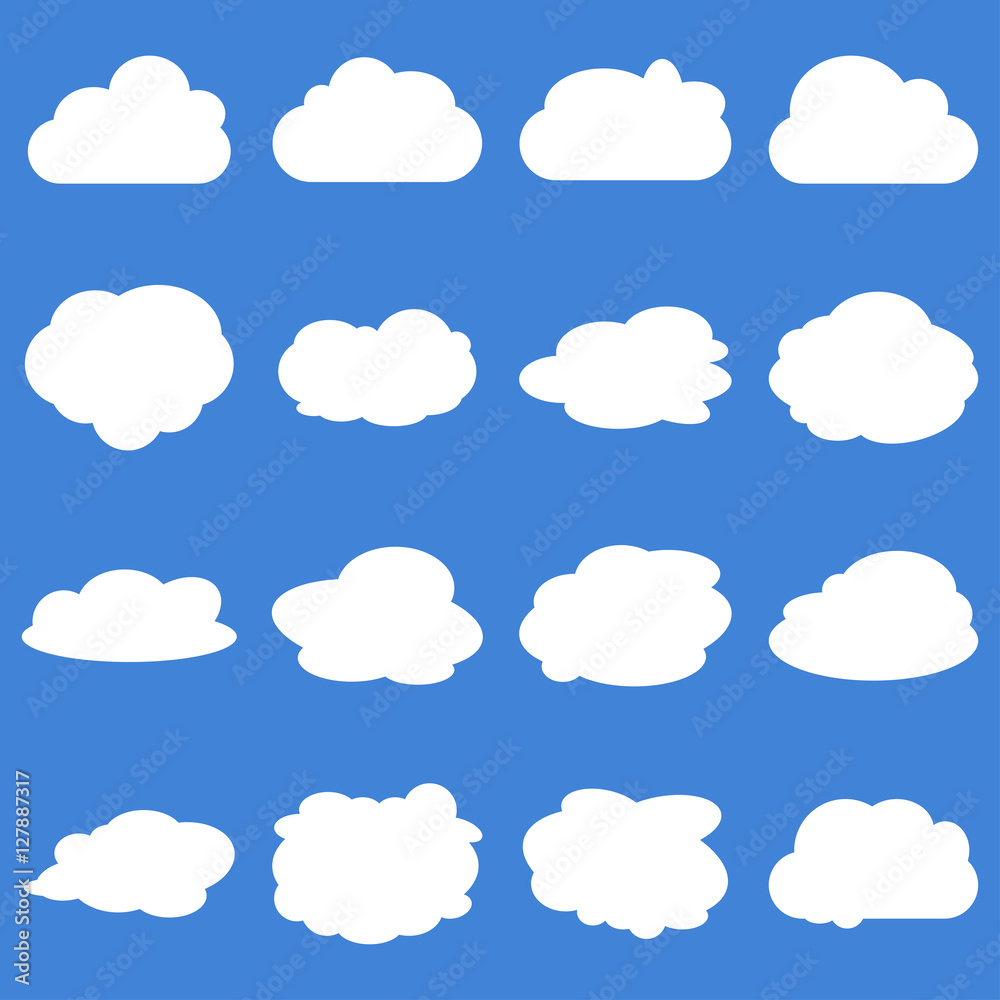 Set of white color Cloud vector icon set on royal blue backgroun