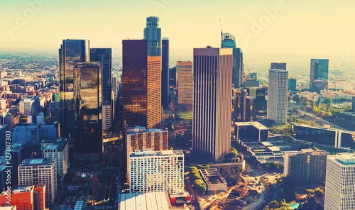 Obraz Widok z lotu ptaka Śródmieścia LA przy zmierzchem