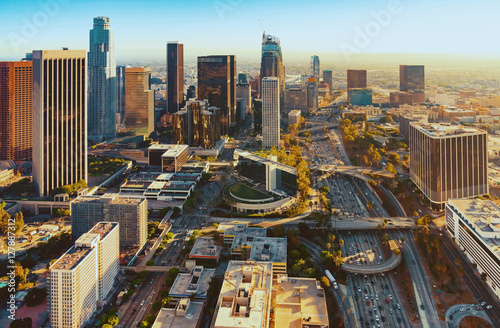 Valokuvatapetti Aerial view of a Downtown LA at sunset