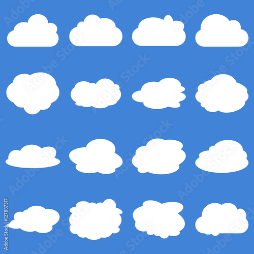 Fototapeta Naklejka Na Ścianę i Meble -  Set of white color Cloud vector icon set on royal blue backgroun