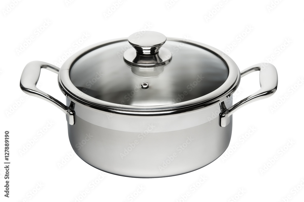 stainless steel cooking pot with glass lid isolated stainless steel cooking pot with glass lid isolated