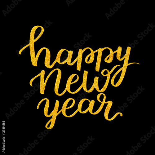 happy new year handwritten illustration, golden ink brush pen lettering isolated on black background