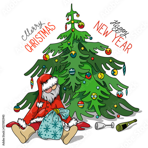 Cartoon Drunk Santa Claus with gifts under the Christmas tree
