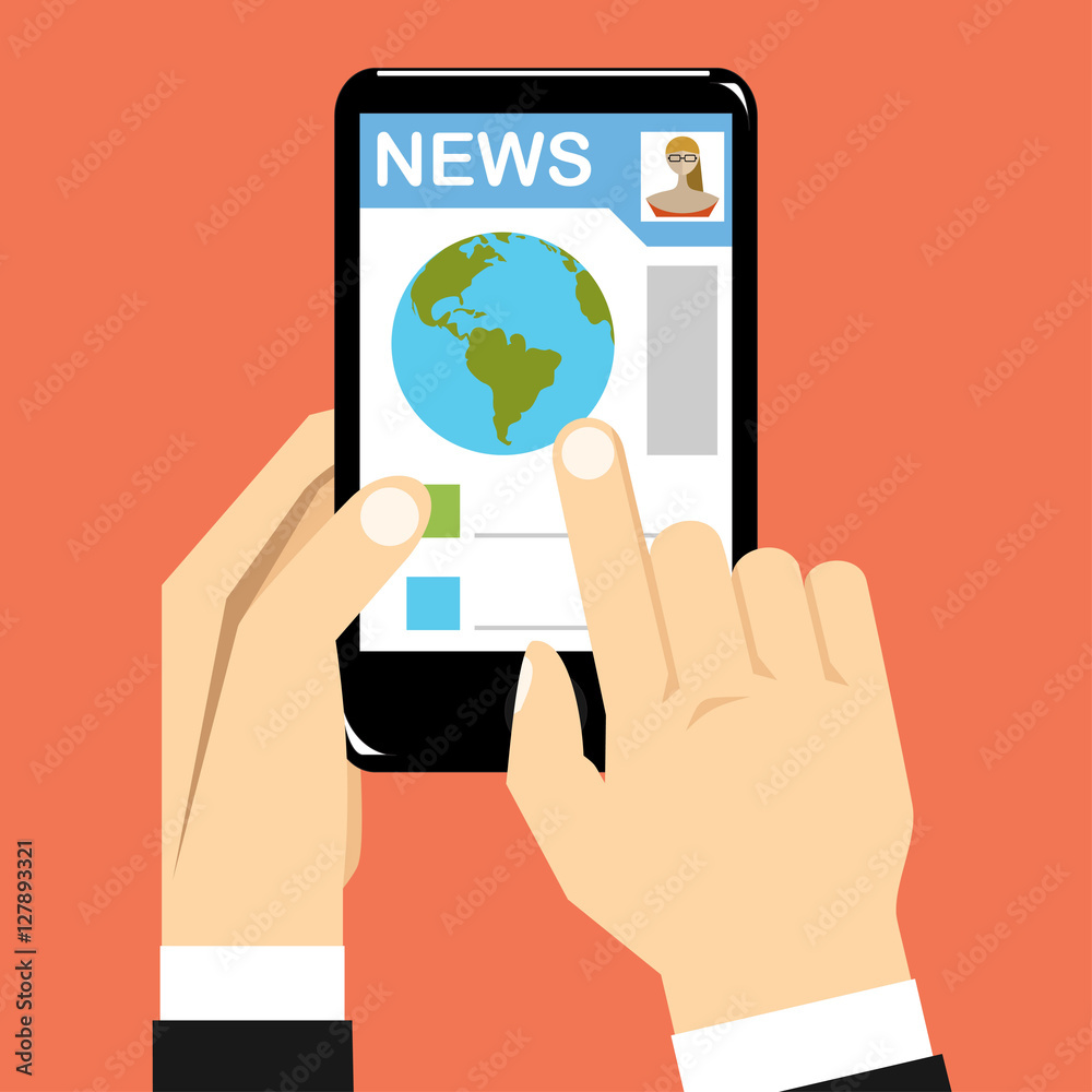 News app on smartphone screen. Online digital media. Hand holds smartphone, finger touch screen. News app on smartphone screen. Online digital media. Hand holds smartphone, finger touch screen.