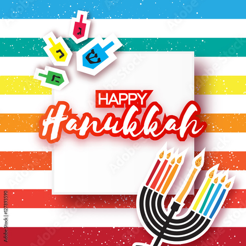 Happy hanukkah with menorah and burning candles, dreidels