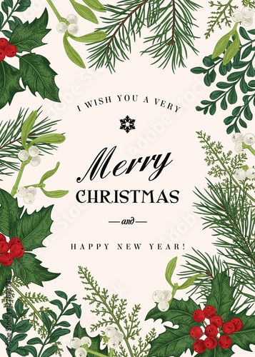 Greeting Christmas card in vintage style.