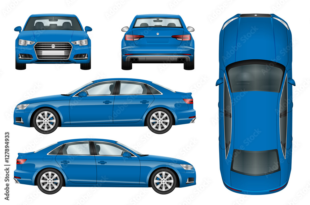 Blue car vector template on white background. Business sedan isolated. All elements in groups on separate layers. The ability to easily change the color. - obrazy, fototapety, plakaty 