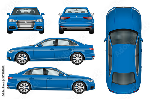 Blue car vector template on white background. Business sedan isolated. All elements in groups on separate layers. The ability to easily change the color.