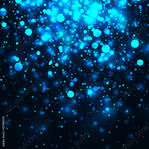 Vector blue glowing light glitter abstract background. Magic glow light effect. Star burst with sparkles on black background. New year banner template