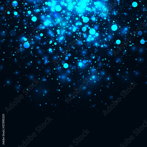 Vector blue glowing light glitter abstract background. Magic glow light effect. Star burst with sparkles on black background. New year banner template
