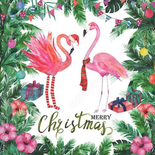 Christmas tropical frame. Watercolor card with palm tree, flamingo
