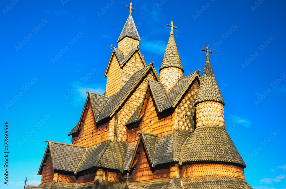 Famous wooden steve church in Heddal, Norway. Original wallpaper of the building, which is part of unesco Famous wooden steve church in Heddal, Norway. Original wallpaper of the building, which is part of unesco