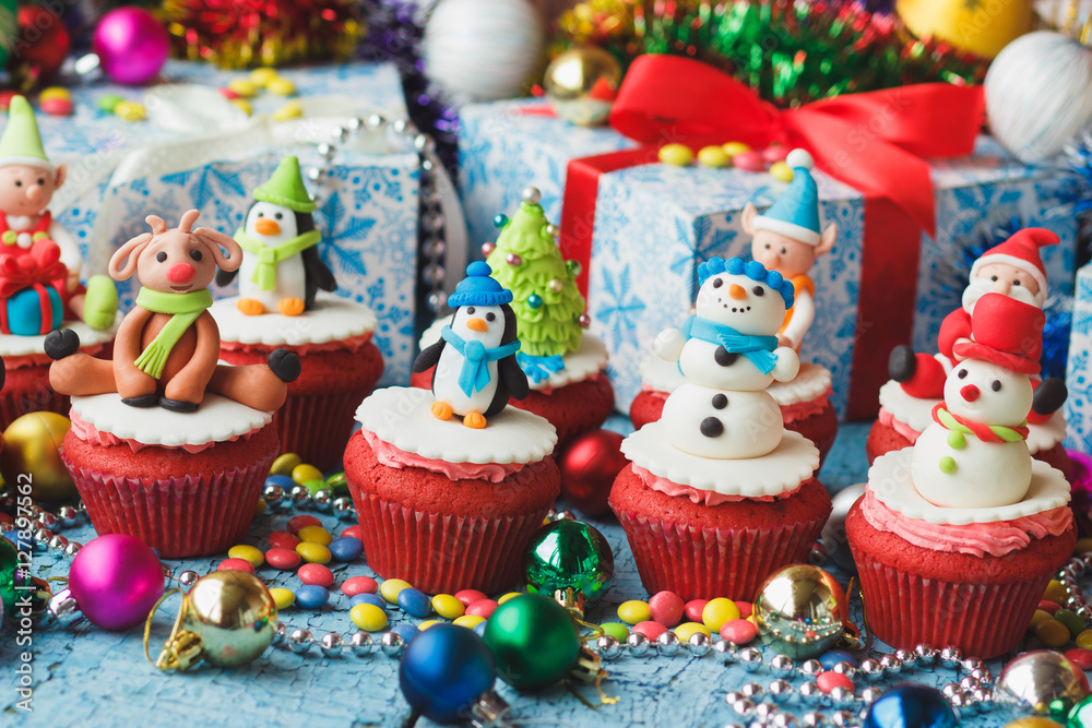 Christmas cupcakes with colored decorations