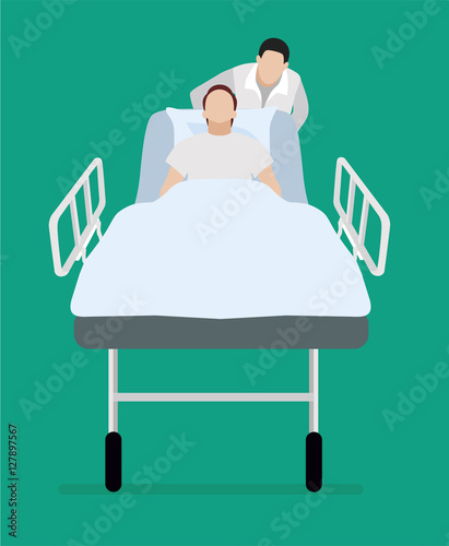 The patient on a gurney. The nurse takes the patient on a gurney to the doctor for surgery. Hospital. Flat illustration.