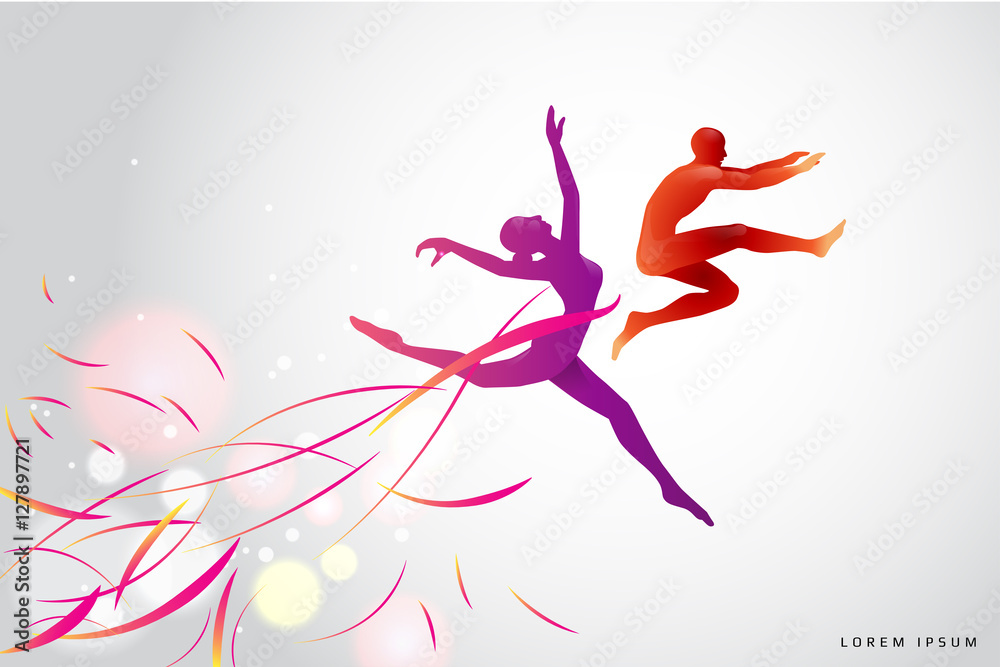 The motion of humans. silhouette of a jumping man and girl. suit The motion of humans. silhouette of a jumping man and girl. suit