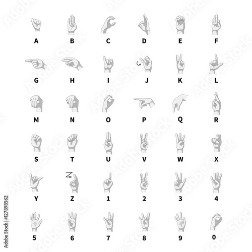 Sign language interpreter, latin alphabet grayscale signs on white