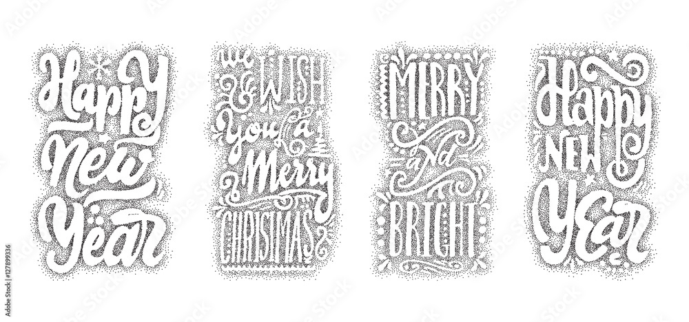 Happy new year, We wish you a merry christmas, Merry and bright, hand-lettering dotwork text . Handmade vector calligraphy for your design