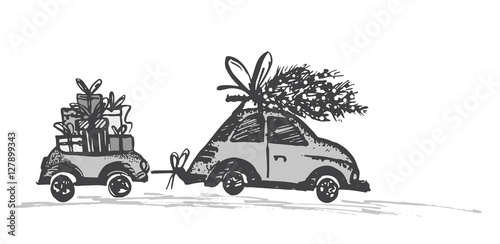 Greeting card with Christmas tree on car roof and car trailer with xmas gifts.