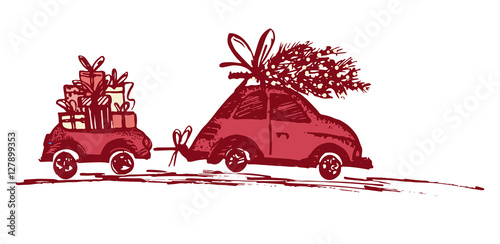 Greeting card with Christmas tree on car roof and car trailer with xmas gifts.