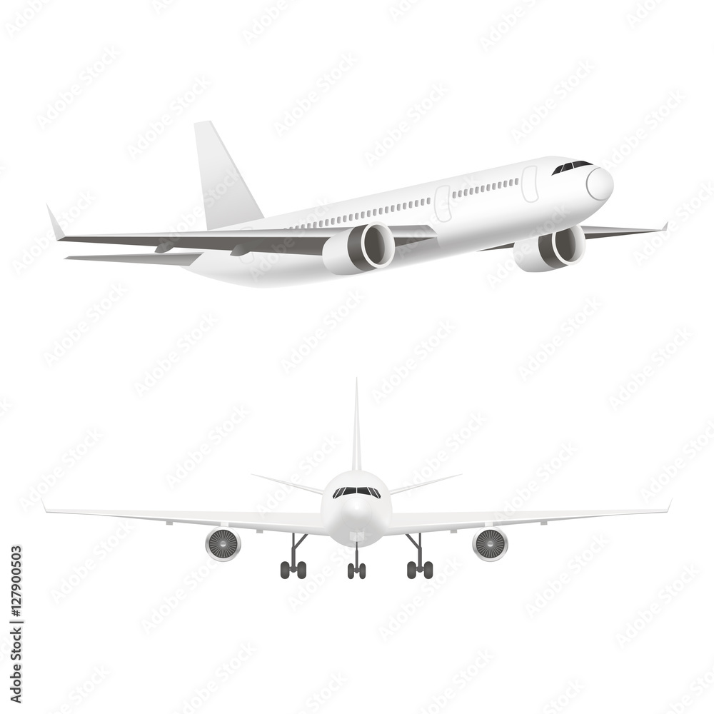 White Jet Airplane in the Air Set. Vector White Jet Airplane in the Air Set. Vector