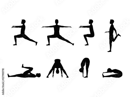 Stretching Exercise Set with Silhouette Man. Vector
