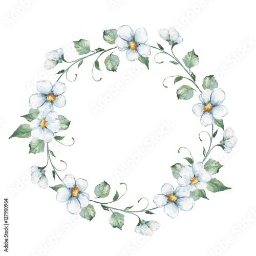 White flowers. Watercolor floral wreath. Hand drawn element for design. Round frame 2