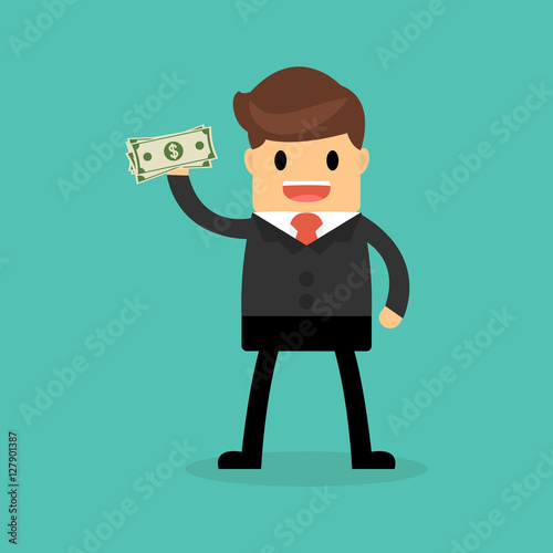 Businessman holding dollar. Funding, bribe, donation, payday con