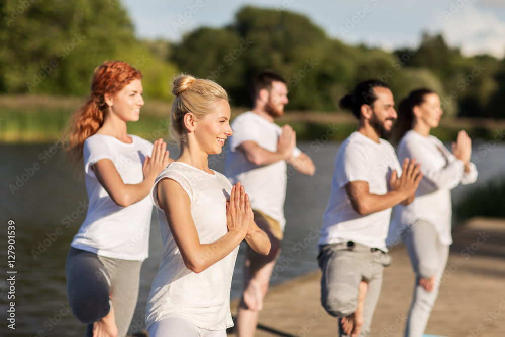 people making yoga in tree pose on mat outdoors people making yoga in tree pose on mat outdoors