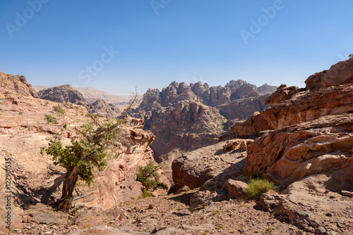 wild landscape of rock mountains in Petra, Jordan