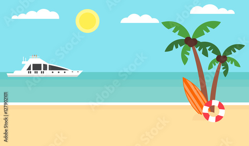 Summer background - sunset beach. Sea, yacht and a palm tree. Modern flat design. Vector illustration.
