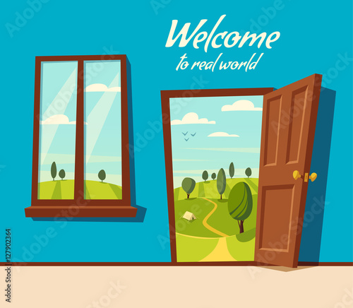 Open door. Valley landscape. Cartoon vector illustration.