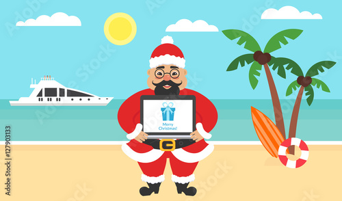 Summer background - sunny beach. Sea, yacht,palm tree and cute asian santa. Computer with congratulations for Merry Christmas and New Year. Modern flat design. Vector illustration.