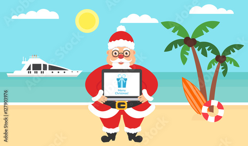 Summer background - sunny beach. Computer with congratulations for Merry Christmas and New Year. Sea, yacht,palm tree and cute santa. Modern flat design. Vector illustration.
