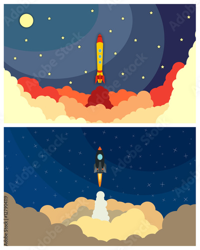 Set of space rocket launch. Vector illustration with flying rocket. Space travel. Project development. Creative idea.
