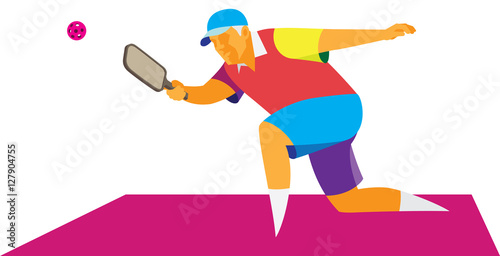 an old man plays with a racket and a ball on the court