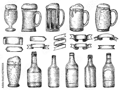 vector set of beer bottles and glass