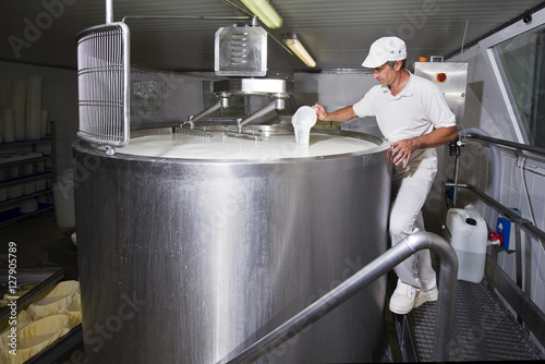 Cheesemaker pours rennet in a large tank full of milk steel