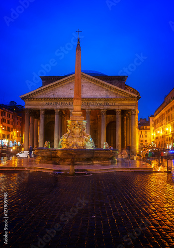 view of ancient Pantheon church in Rome illuminated at night, Italy, toned