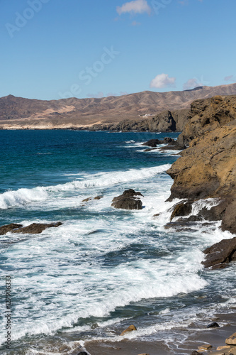 Rock coast near La Pared village on the south western part of Fuerteventura . Canary Islands, Spain