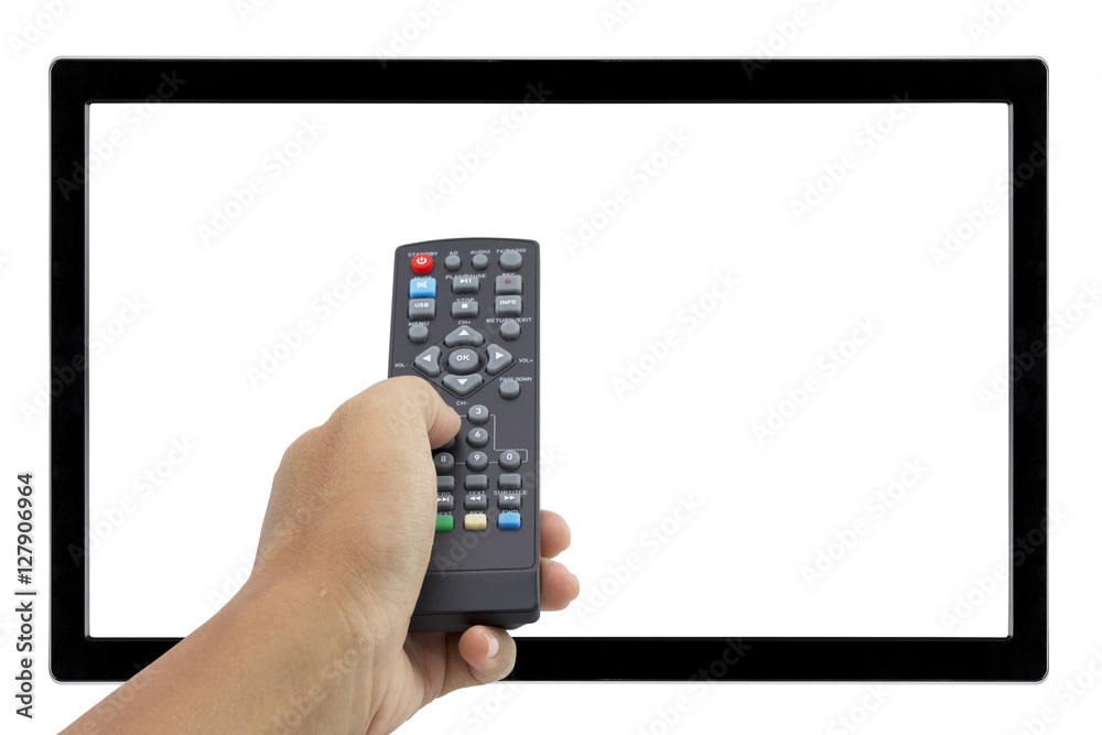 hand holding remote control at television screen hand holding remote control at television screen