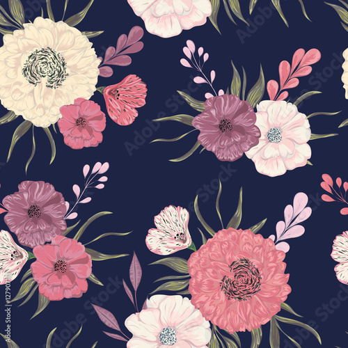 Wallpaper Mural Seamless pattern with peony, dahlia and poppy. Collection decorative floral design elements for wedding invitations and birthday cards. Vintage hand drawn vector illustration in watercolor style. Torontodigital.ca