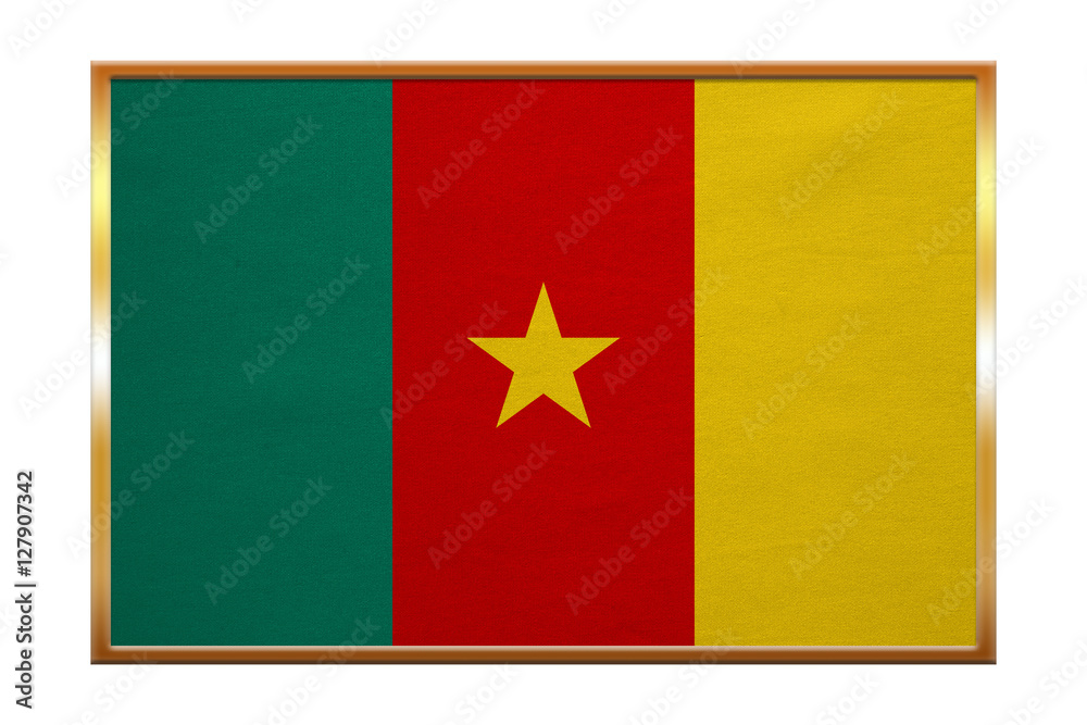 Flag of Cameroon , golden frame, fabric texture Flag of Cameroon , golden frame, fabric texture