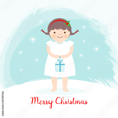 Little girl with a Christmas present. Christmas greeting card, vector illustration