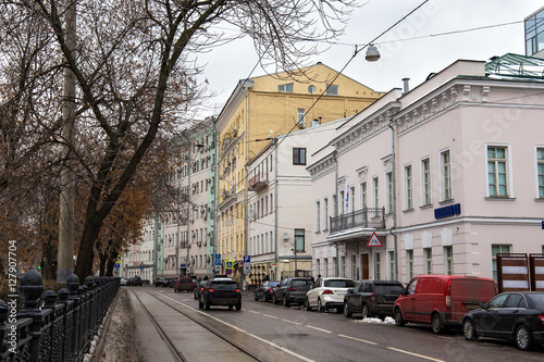 Roadway of Chistoprudny Boulevard in Moscow with old historical buildings. Chistoprudny Boulevard (Clear Ponds) is a major boulevard in the central part of Moscow.