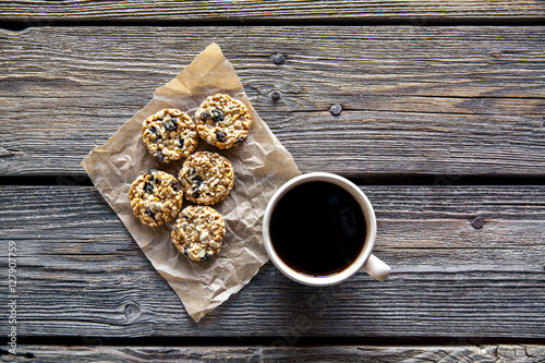 cookies with chocolate and coffee on a wooden background. drink  sweets  breakfast