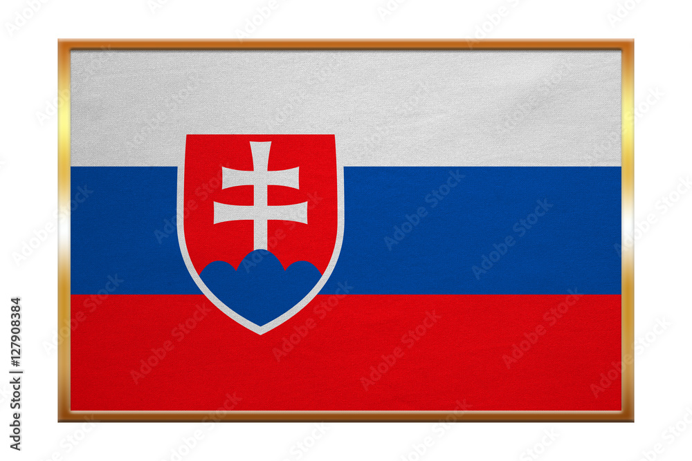 Fototapeta premium Flag of Slovakia , golden frame, fabric texture